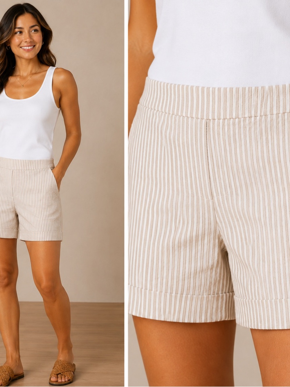 Jones New York Beige and White Striped Bermuda Shorts